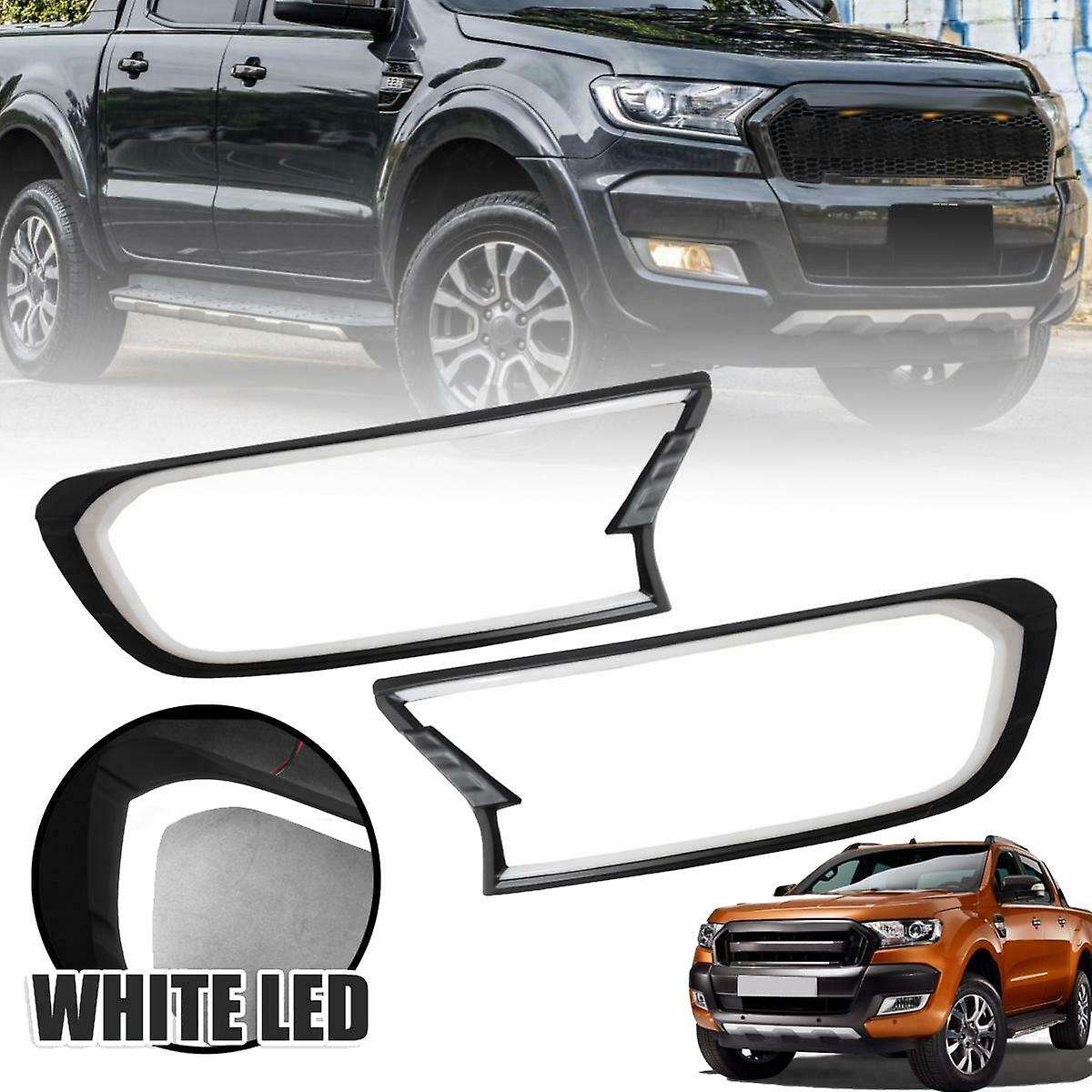 Black DRL HeadLight LED Cover Trim Lamp Hood Daytime Running Light for Everest Endeavour 2015-2019