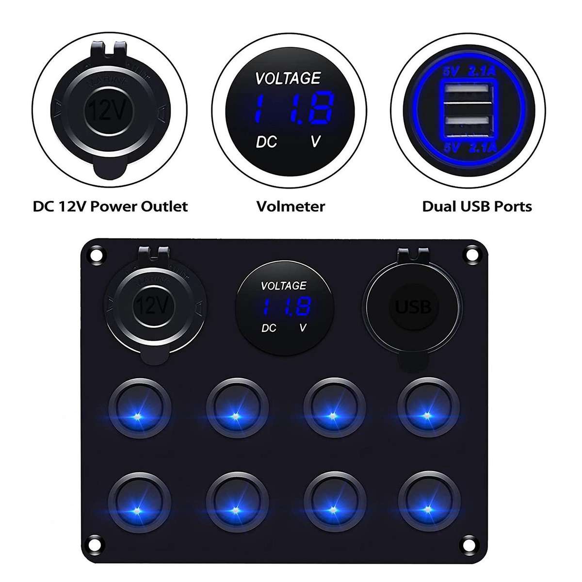 Blue Led Voltmeter for Car Rv Truck Atv Utv Caravan Switch Toggle Panel Dual USB 12-24V 8 Sockets Ma