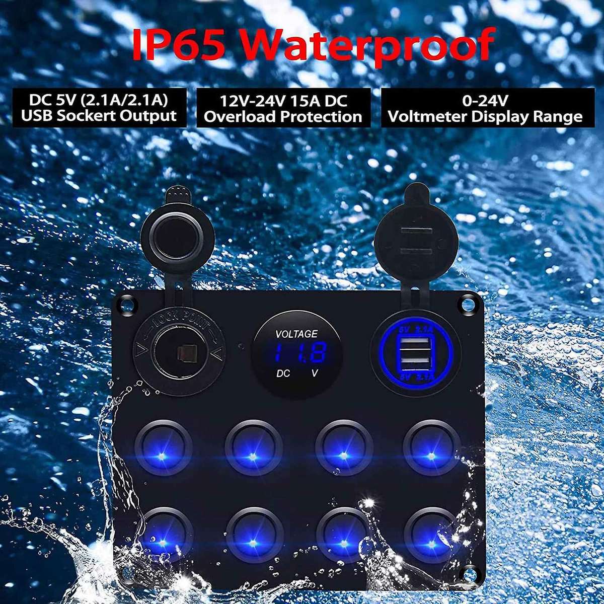 Blue Led Voltmeter for Car Rv Truck Atv Utv Caravan Switch Toggle Panel Dual USB 12-24V 8 Sockets Ma