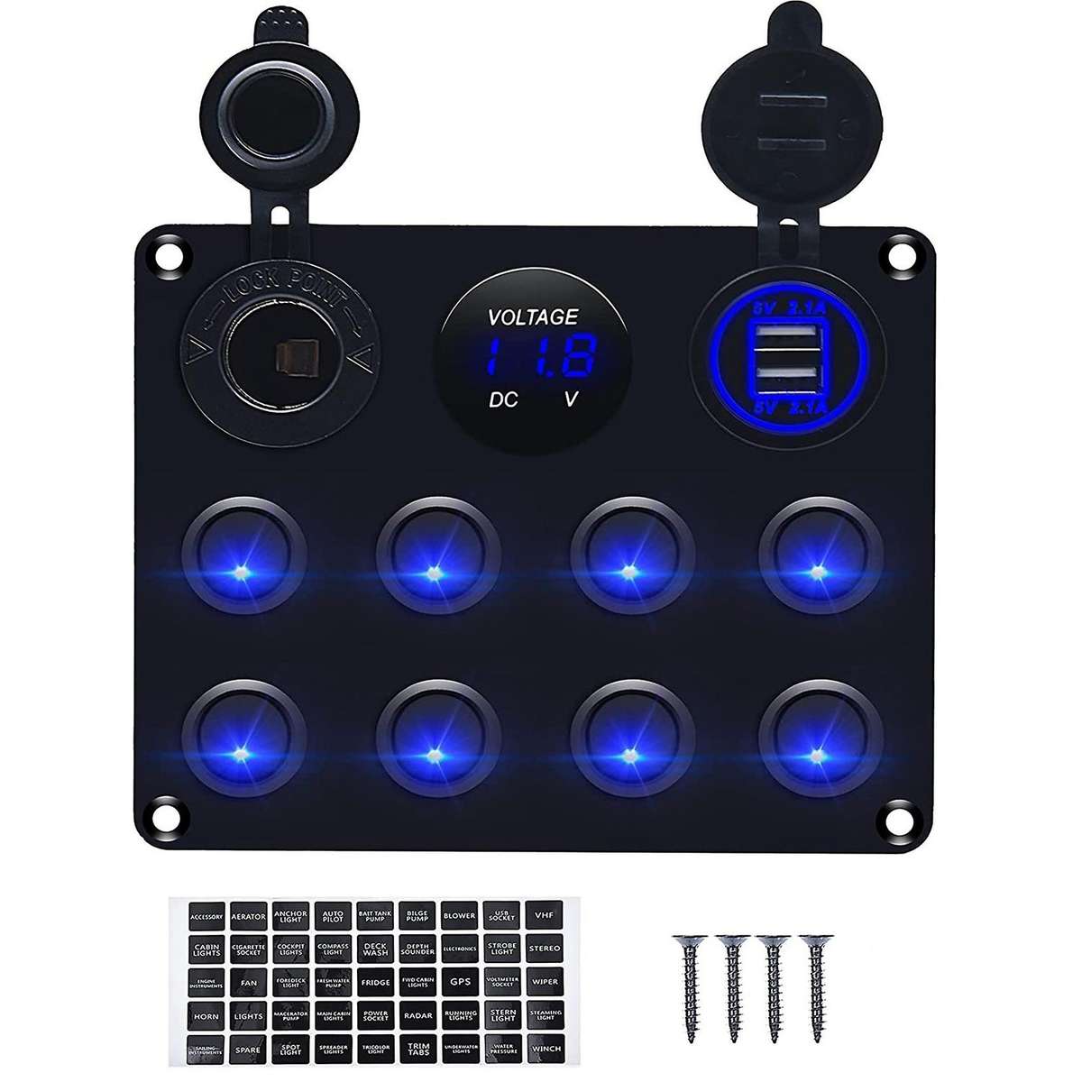 Blue Led Voltmeter for Car Rv Truck Atv Utv Caravan Switch Toggle Panel Dual USB 12-24V 8 Sockets Ma