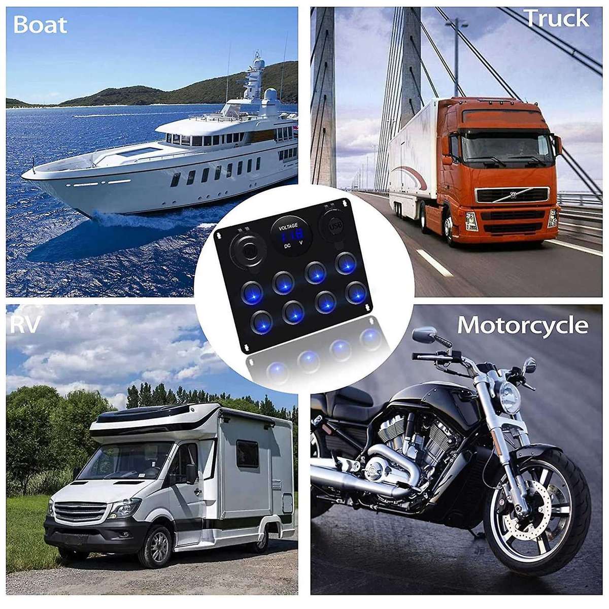 Blue Led Voltmeter for Car Rv Truck Atv Utv Caravan Switch Toggle Panel Dual USB 12-24V 8 Sockets Ma