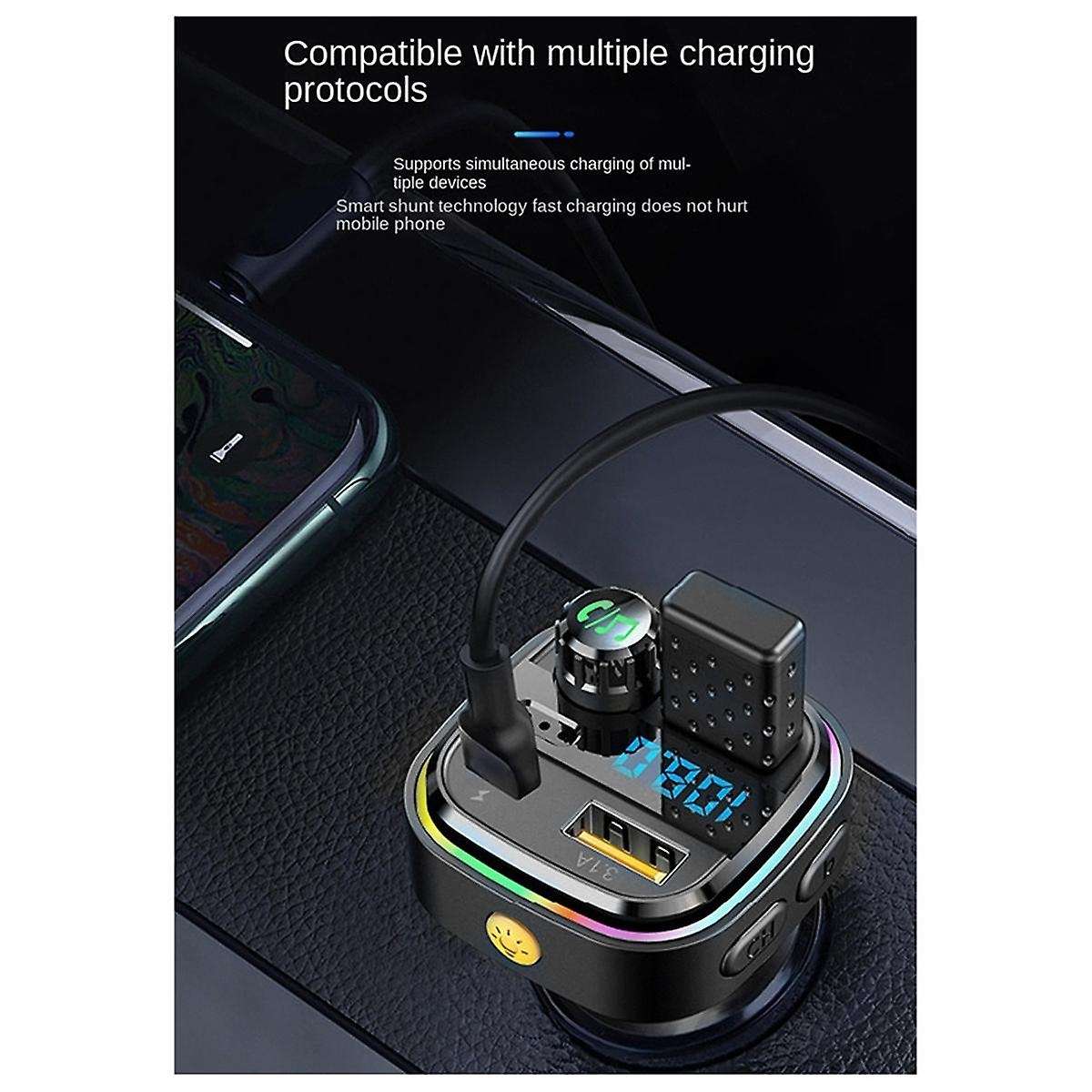 Bluetooth 5.0 FM Transmitter Car Radio Modulator MP3 Player with Colorful Atmosphere Breathing Light