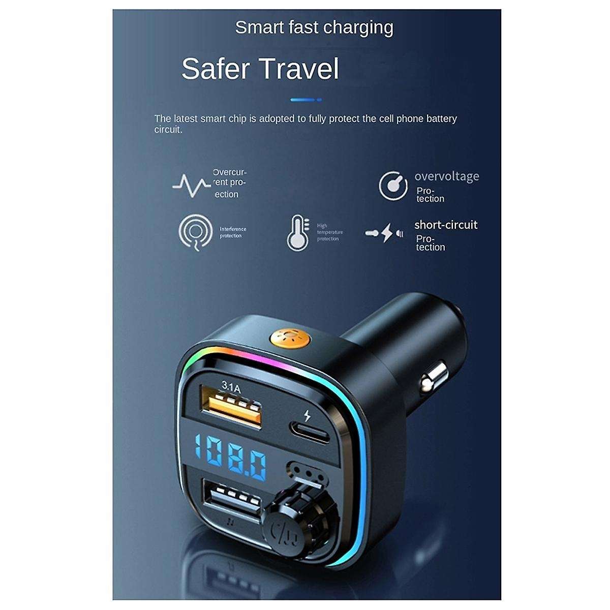 Bluetooth 5.0 FM Transmitter Car Radio Modulator MP3 Player with Colorful Atmosphere Breathing Light