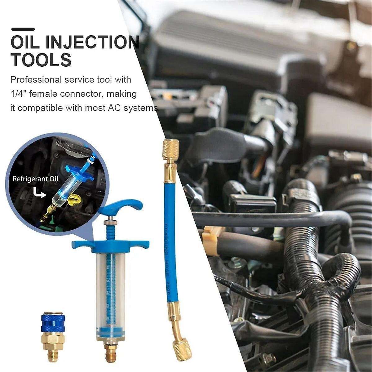 Car A/C Oil/Dye Injector 1Oz with R134a Low Side Quick Coupler Adapter 1/4 Air Conditioning Repair