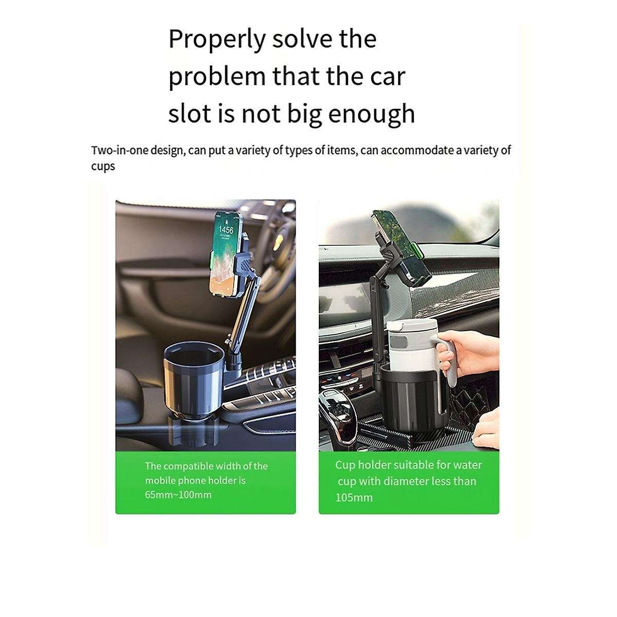 Car Cup Holder with Phone Mount, 2 In 1 Adjustable Cup Holder Expander with 360 Rotation Cellphone