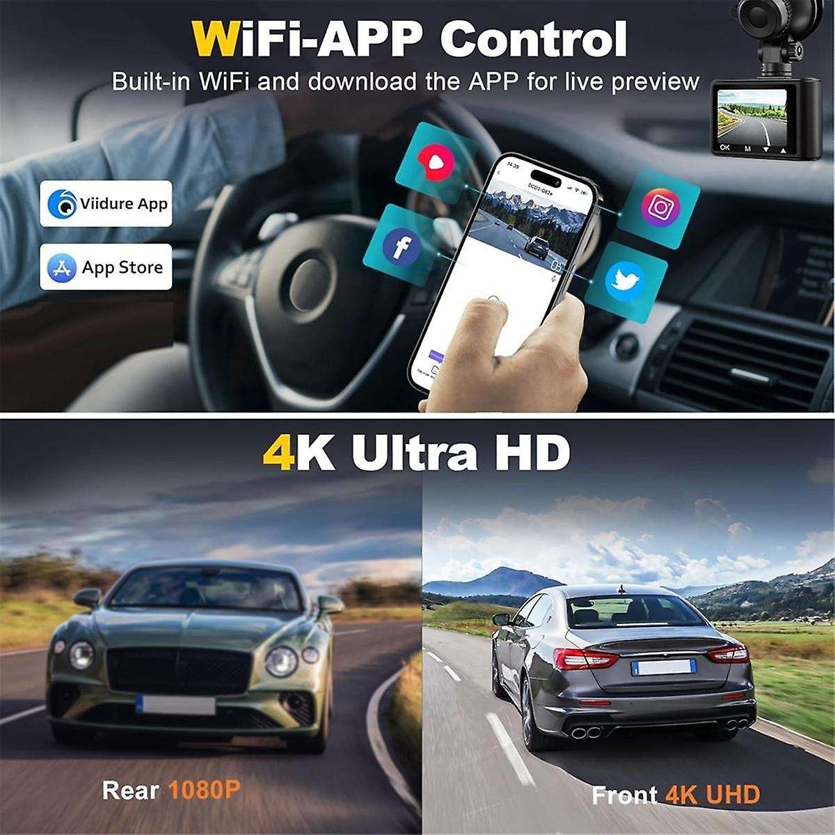 Car Dash Camera, 4K 1080p Dash Cam Front Rear WiFi Recorder Camera for Cars with App Control, G-Sen