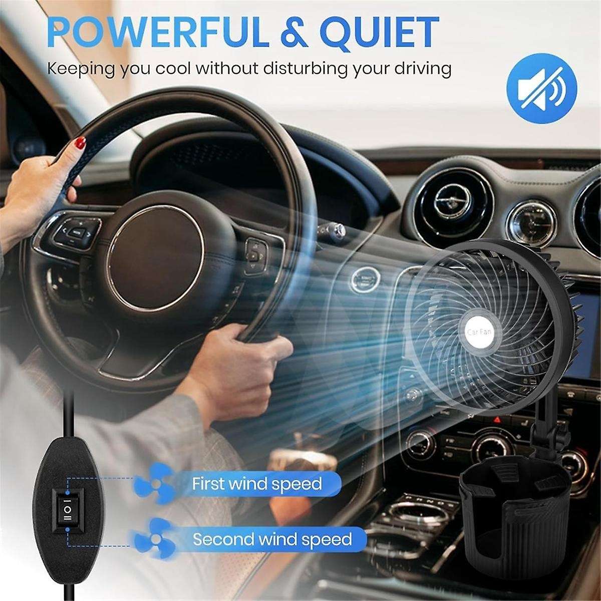 Car Fan, 2 in 1 USB Fan Car Cup Holder Expander with Adjustable Base, 6Inch Rotatable 2 Speed Portab