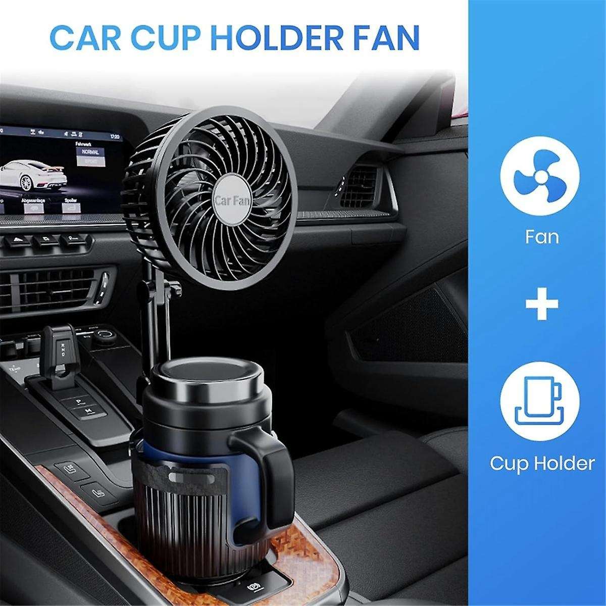 Car Fan, 2 in 1 USB Fan Car Cup Holder Expander with Adjustable Base, 6Inch Rotatable 2 Speed Porta