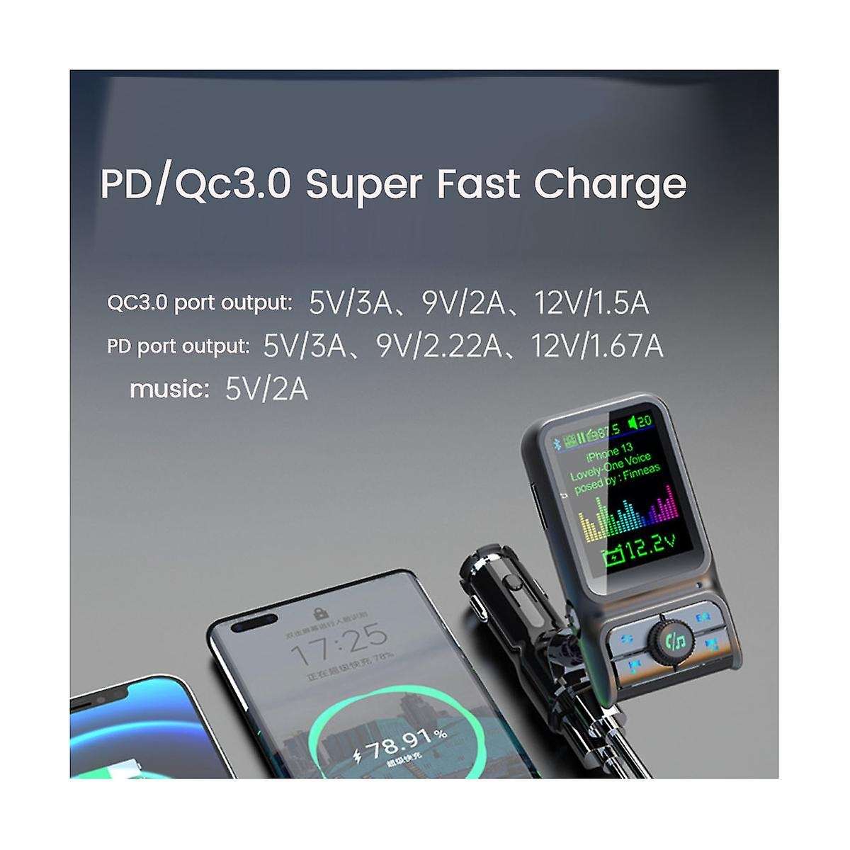 Qc3.0 Fast Charge Car Bluetooth Mp3 Player Fm Transmitter Hd Colorful Screen Display Car Supplies