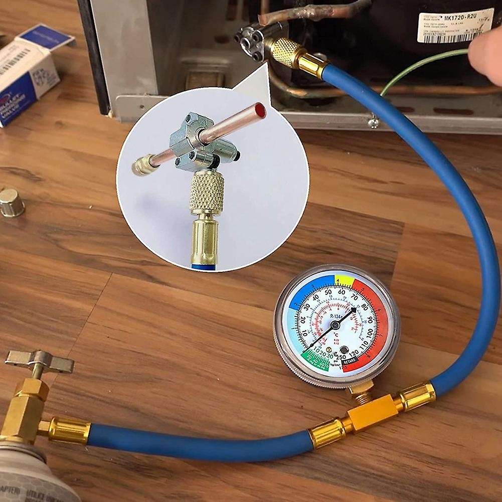R134A Refrigerator Freon Recharge Hose Kit, R134A AC Refrigerant Charging Hose Gauge, Piercing Valv