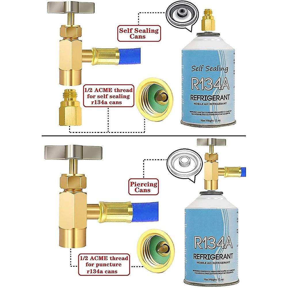 R134A Refrigerator Freon Recharge Hose Kit, R134A AC Refrigerant Charging Hose Gauge, Piercing Valv