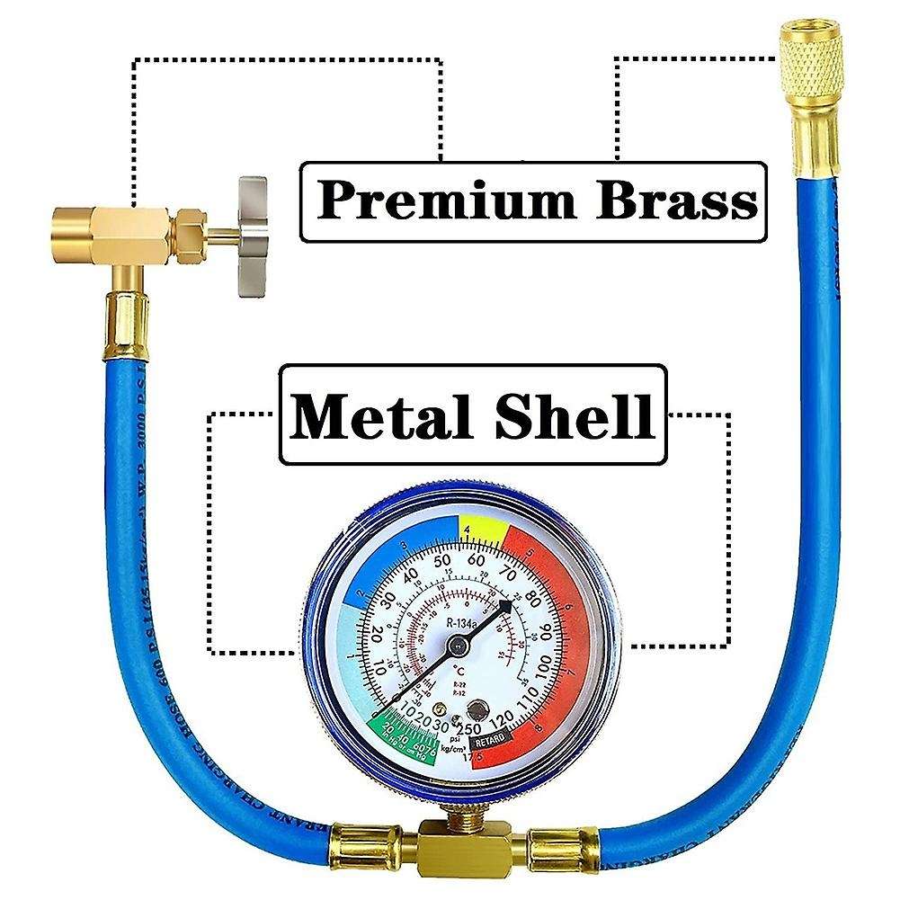 R134A Refrigerator Freon Recharge Hose Kit, R134A AC Refrigerant Charging Hose Gauge, Piercing Valv