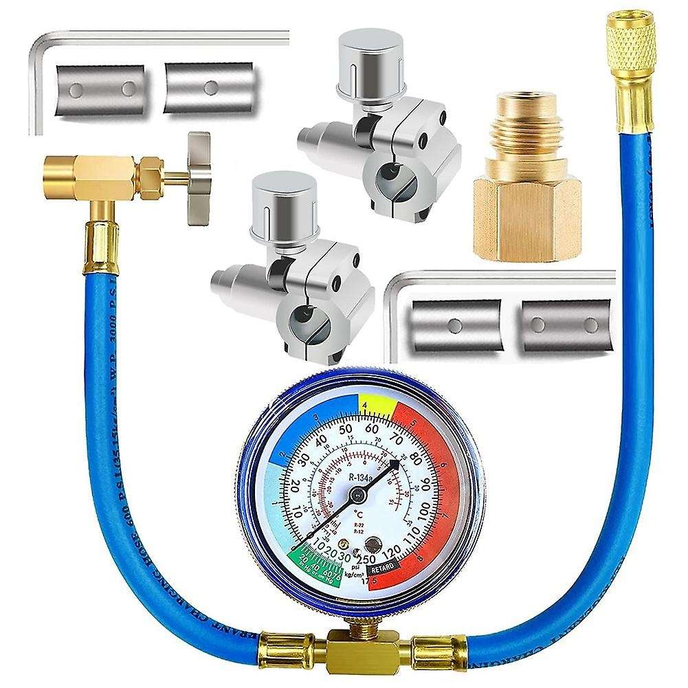 R134A Refrigerator Freon Recharge Hose Kit, R134A AC Refrigerant Charging Hose Gauge, Piercing Valv