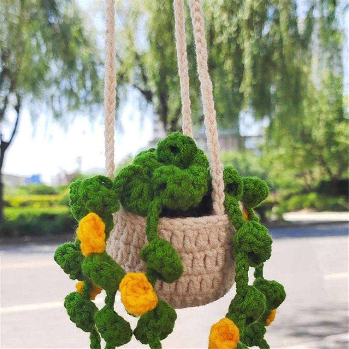 Rearview Mirror Pendant Cute Potted Plants Crochet Car Mirror Hand Knitted Plant Hanging Ornaments C
