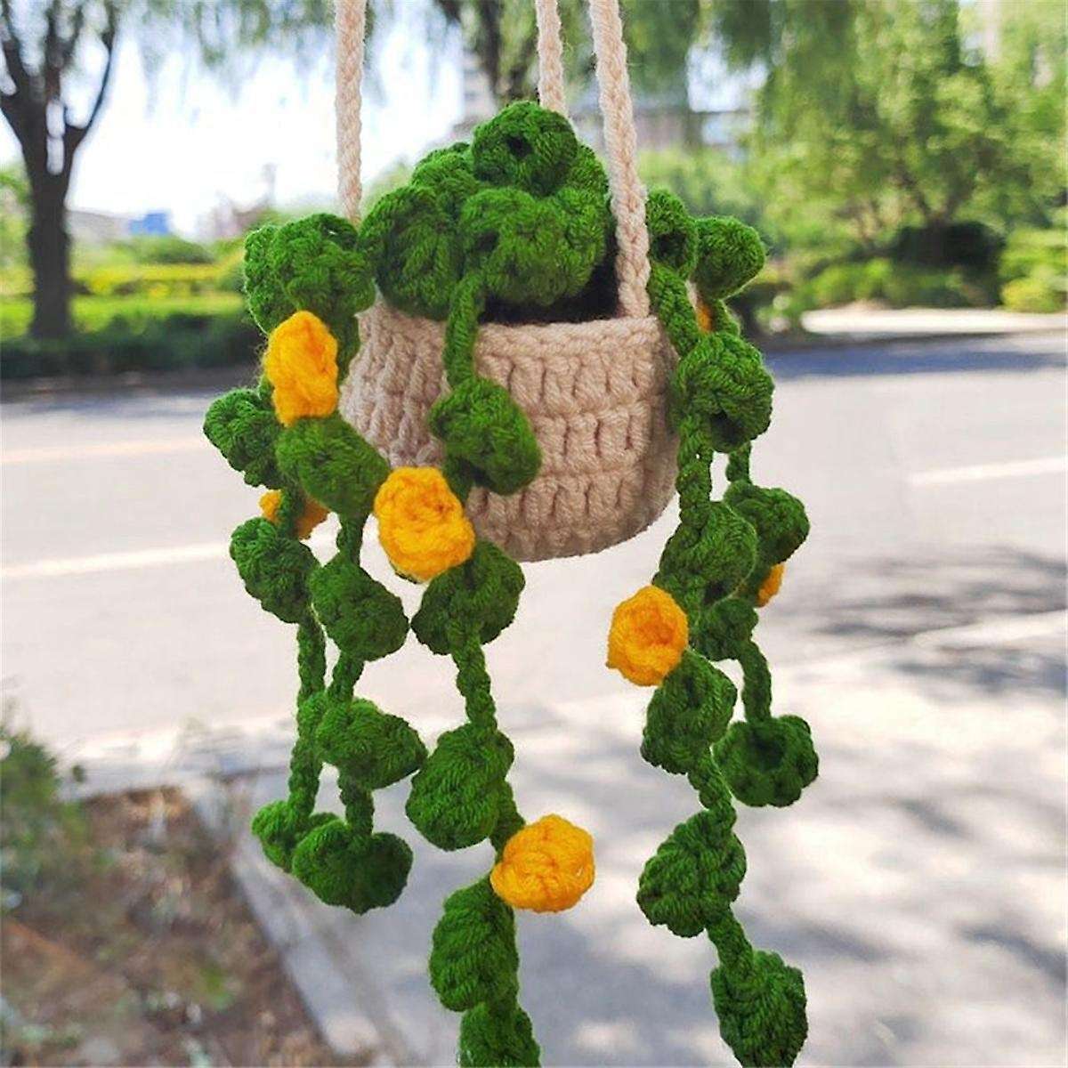 Rearview Mirror Pendant Cute Potted Plants Crochet Car Mirror Hand Knitted Plant Hanging Ornaments C