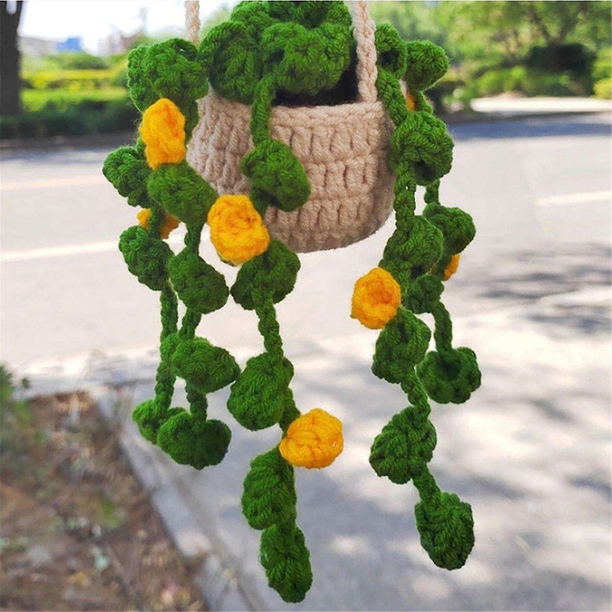 Rearview Mirror Pendant Cute Potted Plants Crochet Car Mirror Hand Knitted Plant Hanging Ornaments C