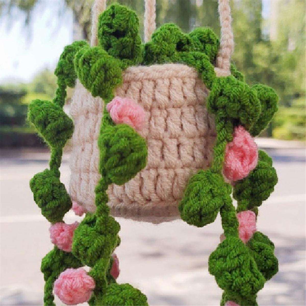 Rearview Mirror Pendant Cute Potted Plants Crochet Car Mirror Hand Knitted Plant Hanging Ornaments C