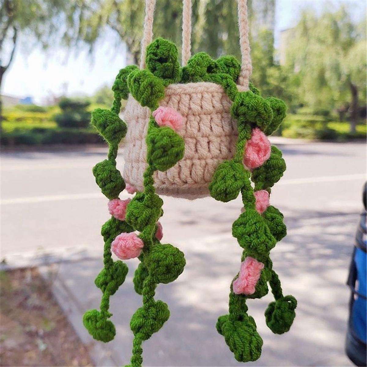 Rearview Mirror Pendant Cute Potted Plants Crochet Car Mirror Hand Knitted Plant Hanging Ornaments C
