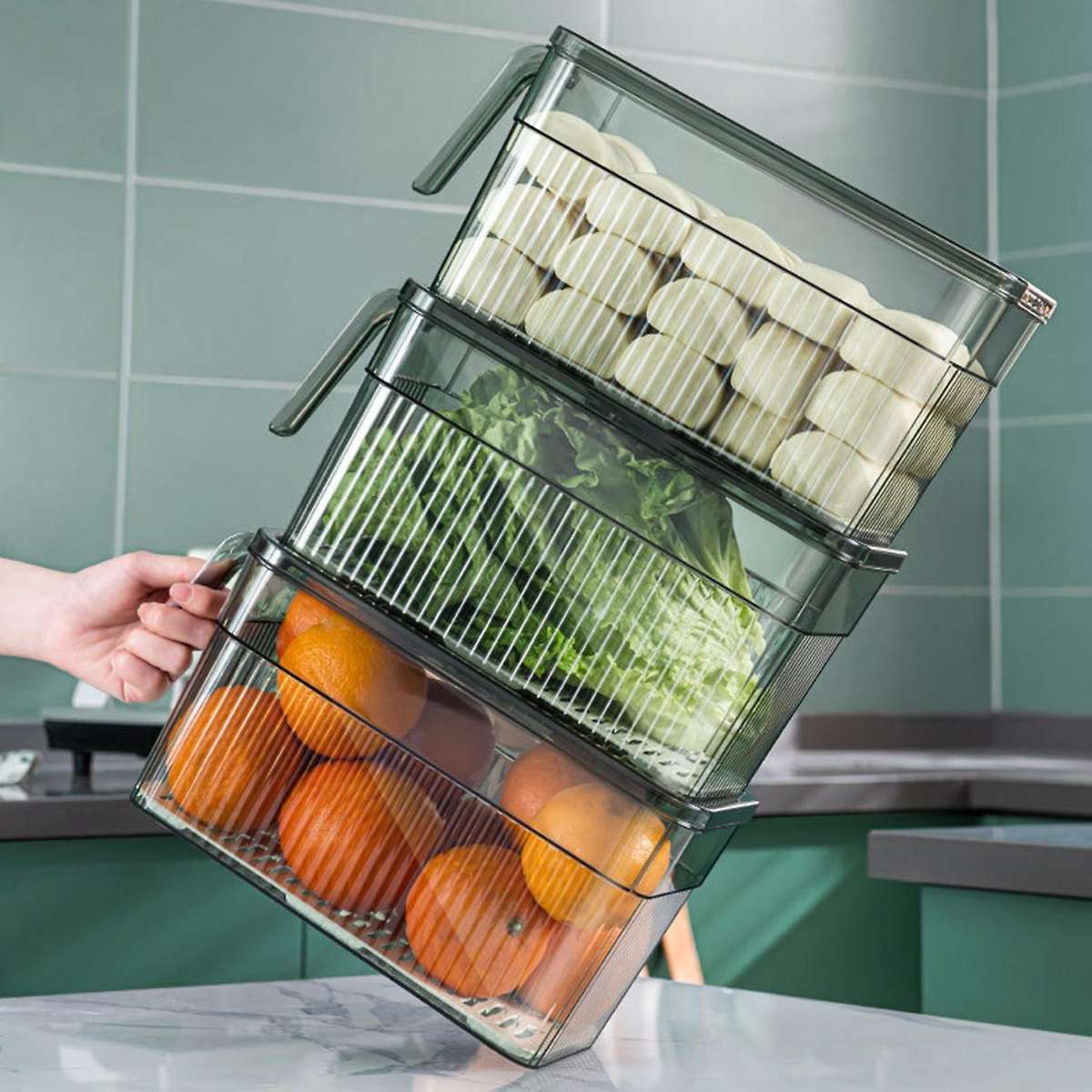 Refrigerator Storage Box Timekeeping Keep Food Organizer Box with Handle Transparent Material Photo