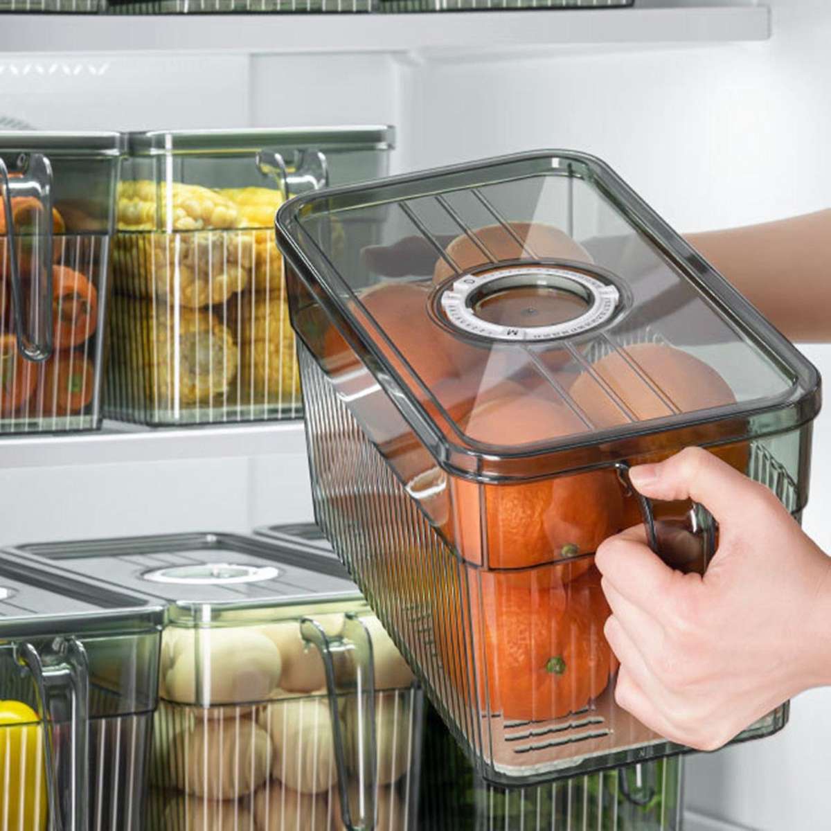 Refrigerator Storage Box Timekeeping Keep Food Organizer Box with Handle Transparent Material Photo