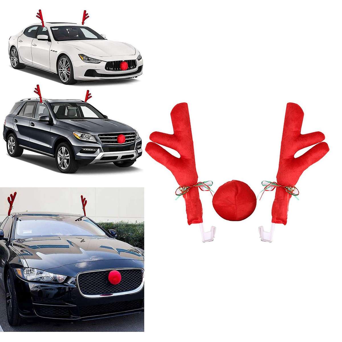 Reindeer Christmas Decor Car Vehicle Nose Horn Costume Set Christmas Car Reindeer Antlers & Red Nose