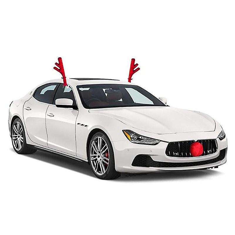 Reindeer Christmas Decor Car Vehicle Nose Horn Costume Set Christmas Car Reindeer Antlers & Red Nose