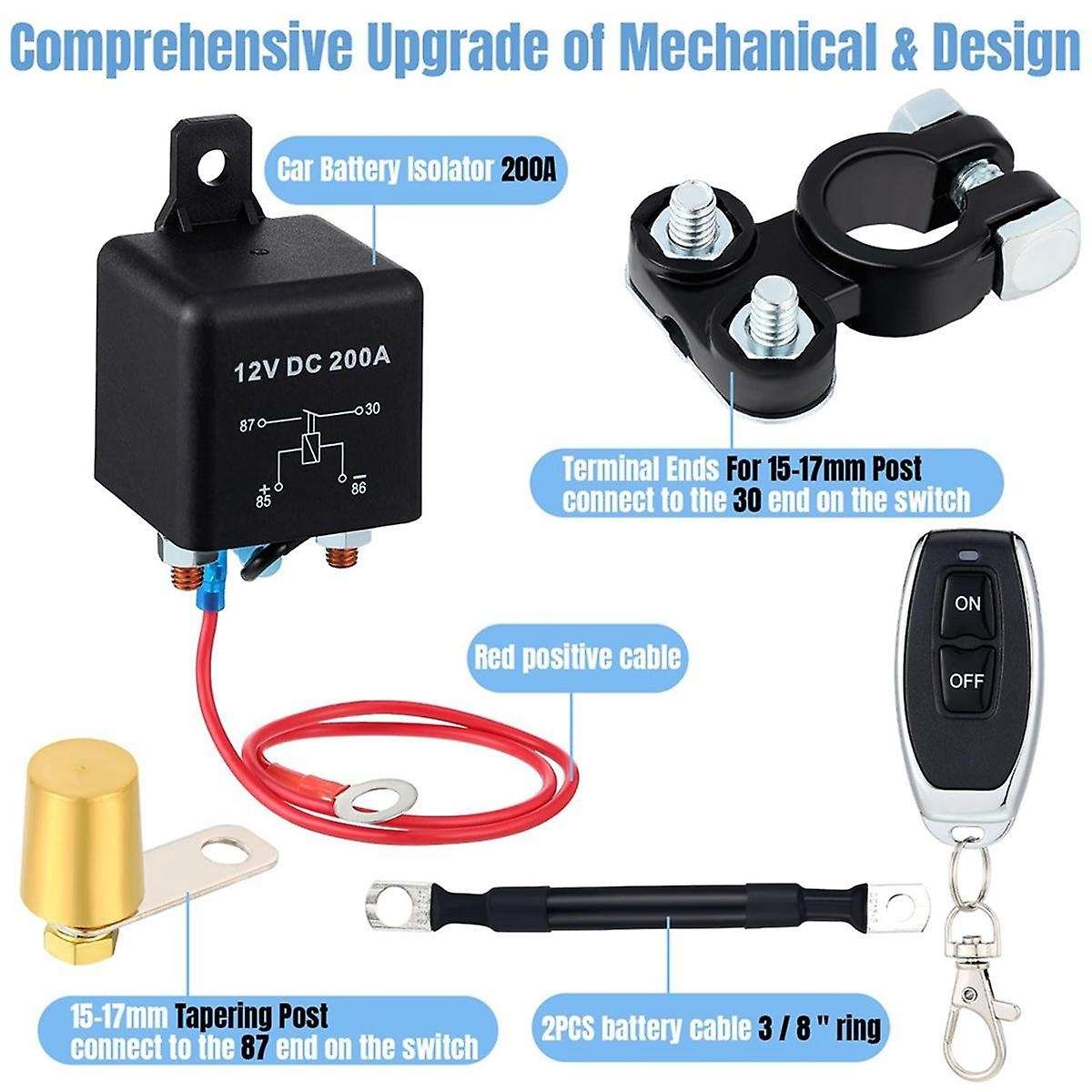 Remote Battery Disconnect Switch Kit 200A DC12V Top Post Negative Anti Theft Car Pause Switch Car Ba