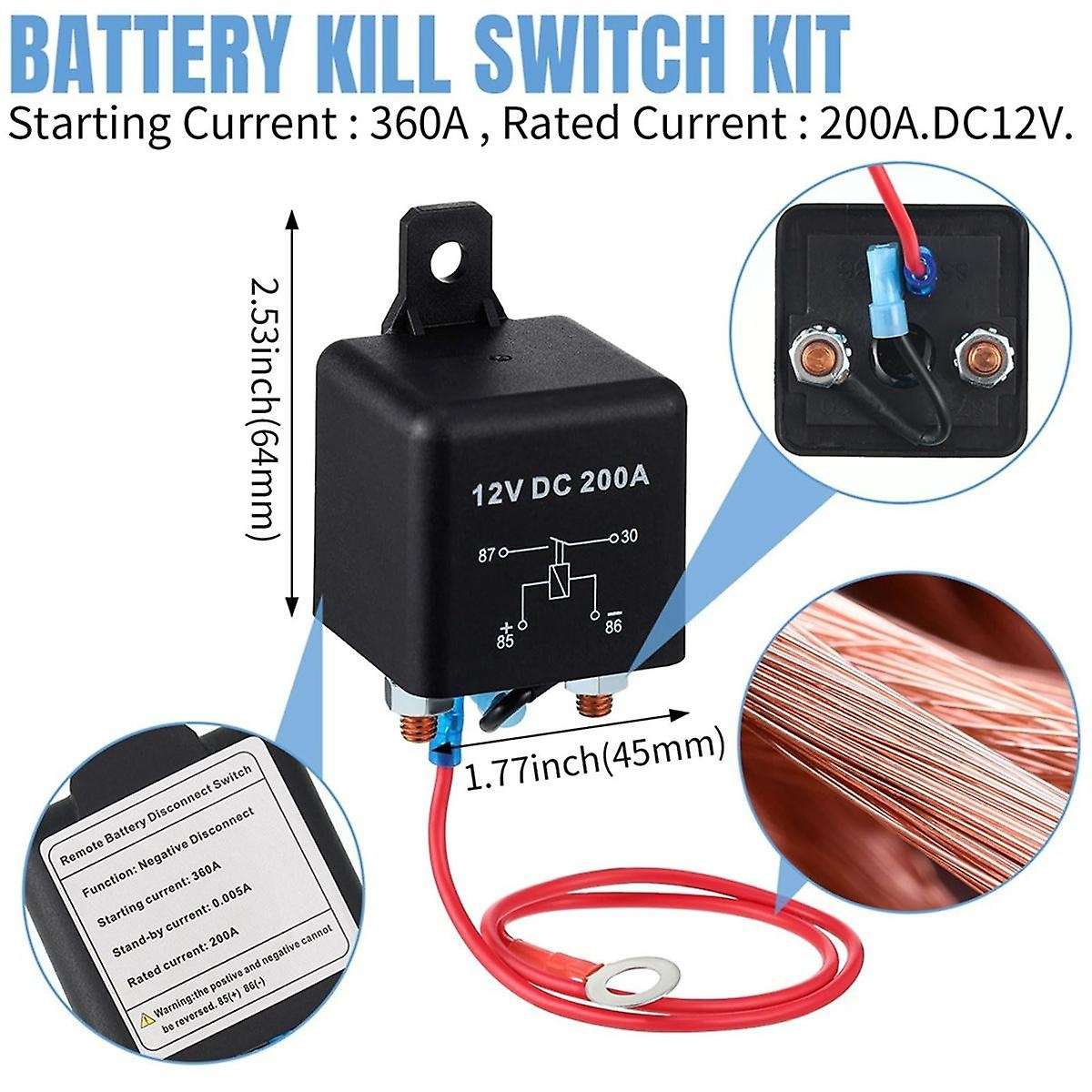 Remote Battery Disconnect Switch Kit 200A DC12V Top Post Negative Anti Theft Car Pause Switch Car Ba