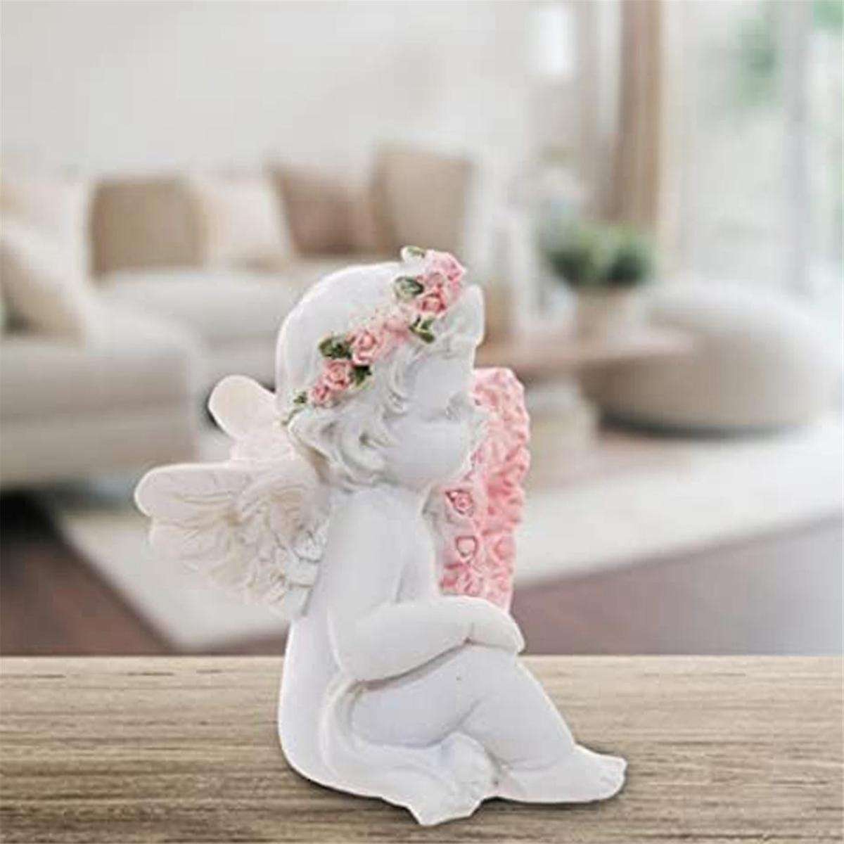 Resin Ornaments Angel Resin Statue with Love Heart Shaped Wreath Figurine Sculpture for Valentines D