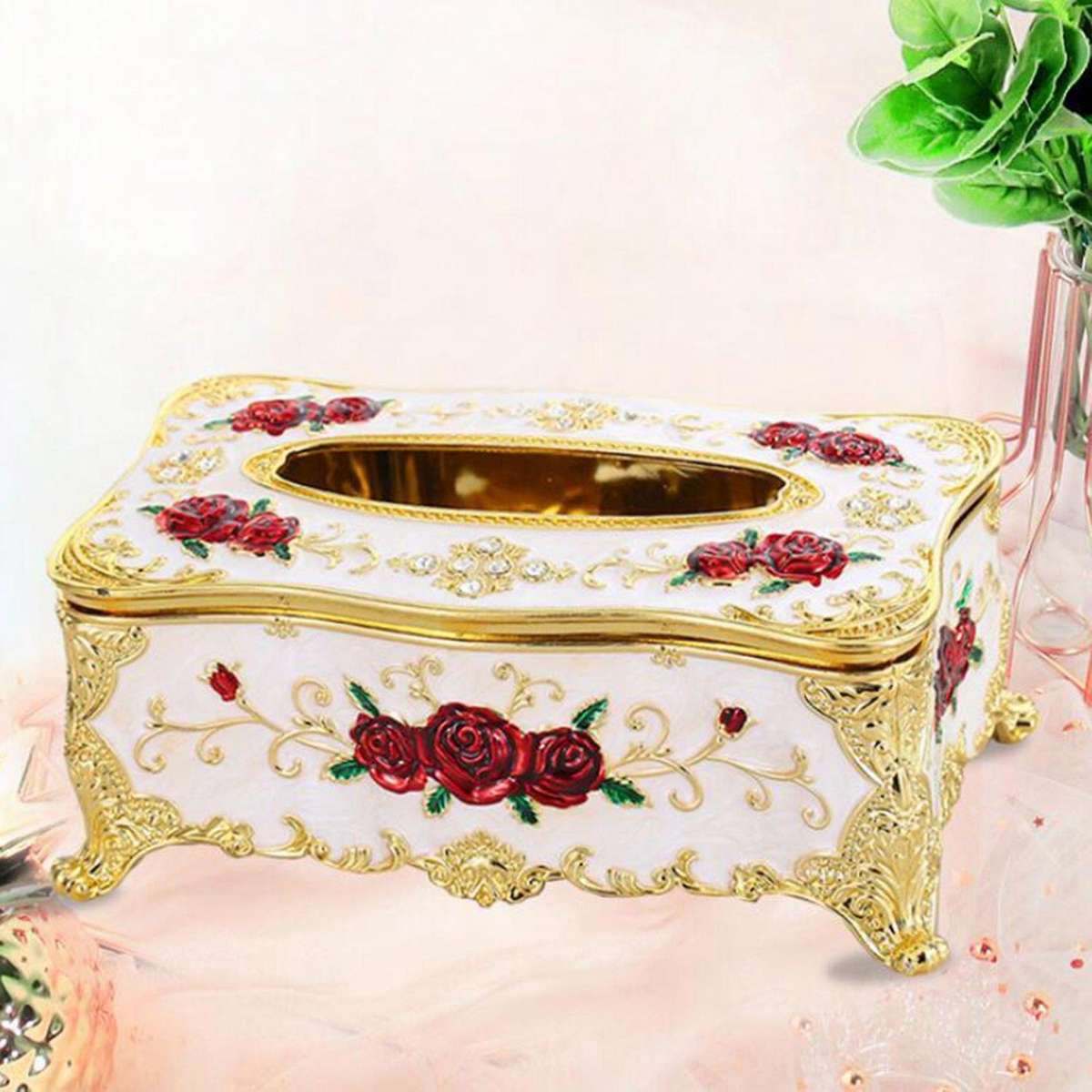 Retro Storage Tissue Box Paper Napkin Holder Dispenser Organizer Rose Tissue Box for Living Rooms Re