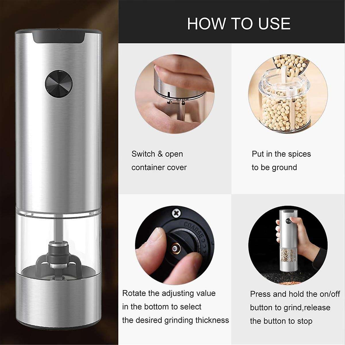Salt and Pepper Mill Electric Set Of 2 with Base, Adjustable Coarseness Spice Mill, Automatic Grindi