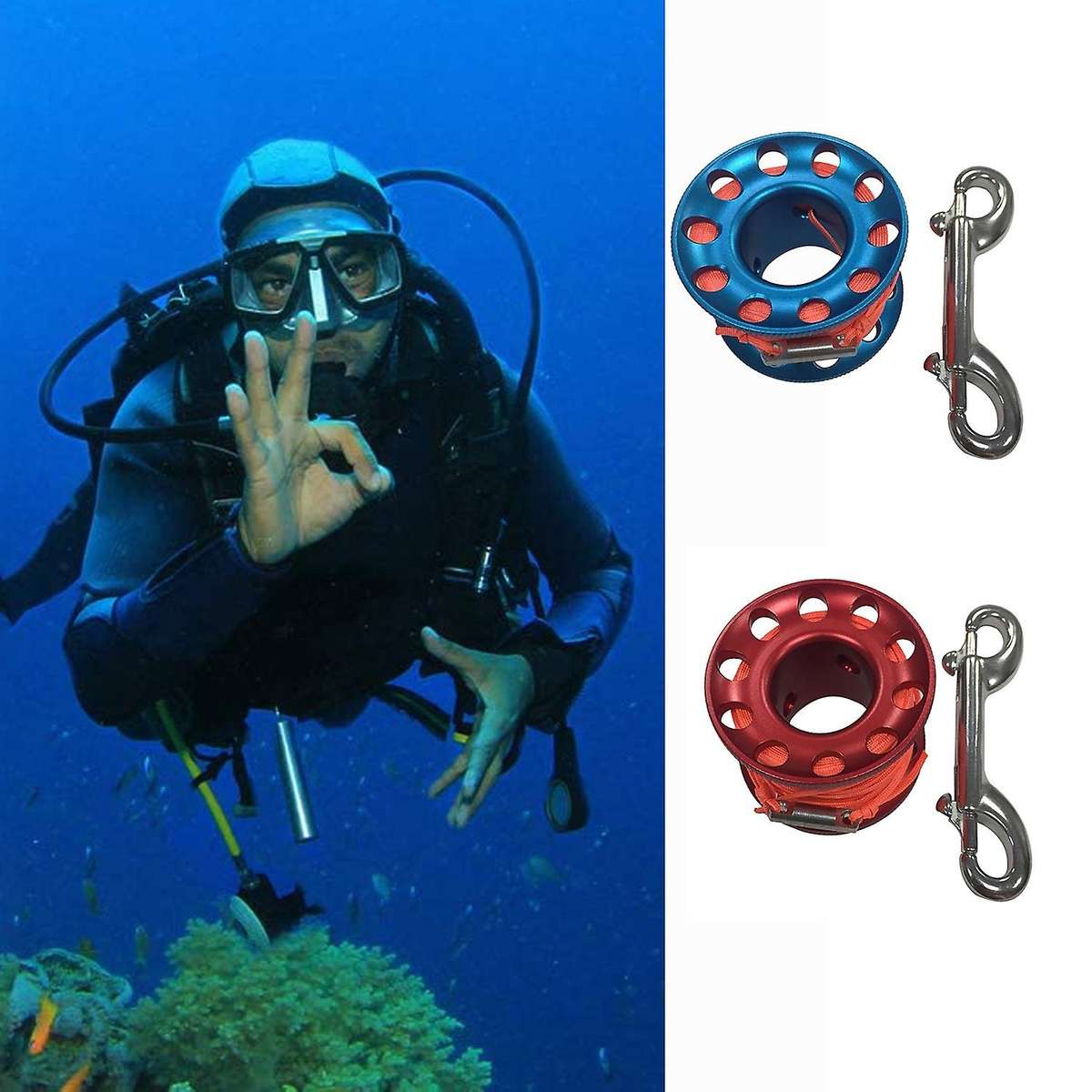 Scuba Diving Spool Finger Reel Bolt with Brass Clip Aluminum Alloy Freediving Spool Dive Reel 30M Li