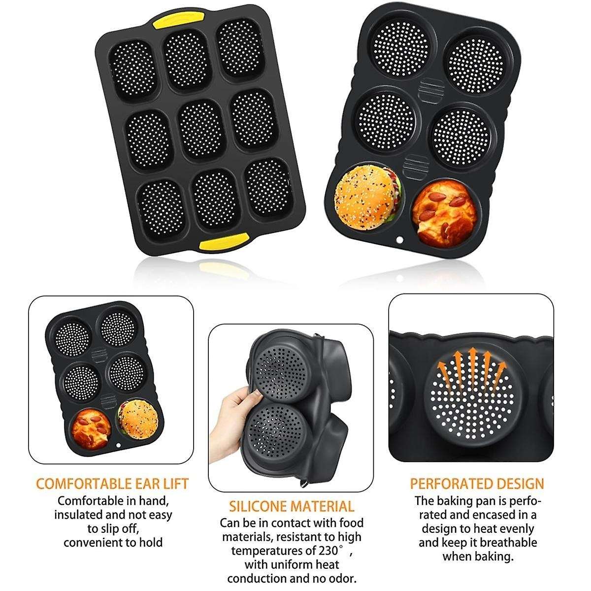 Silicone French Bread Pan and Hamburger Bun Pan Set with Spatula Nonstick 9 Cup Baking Tray 6 Cup Ha