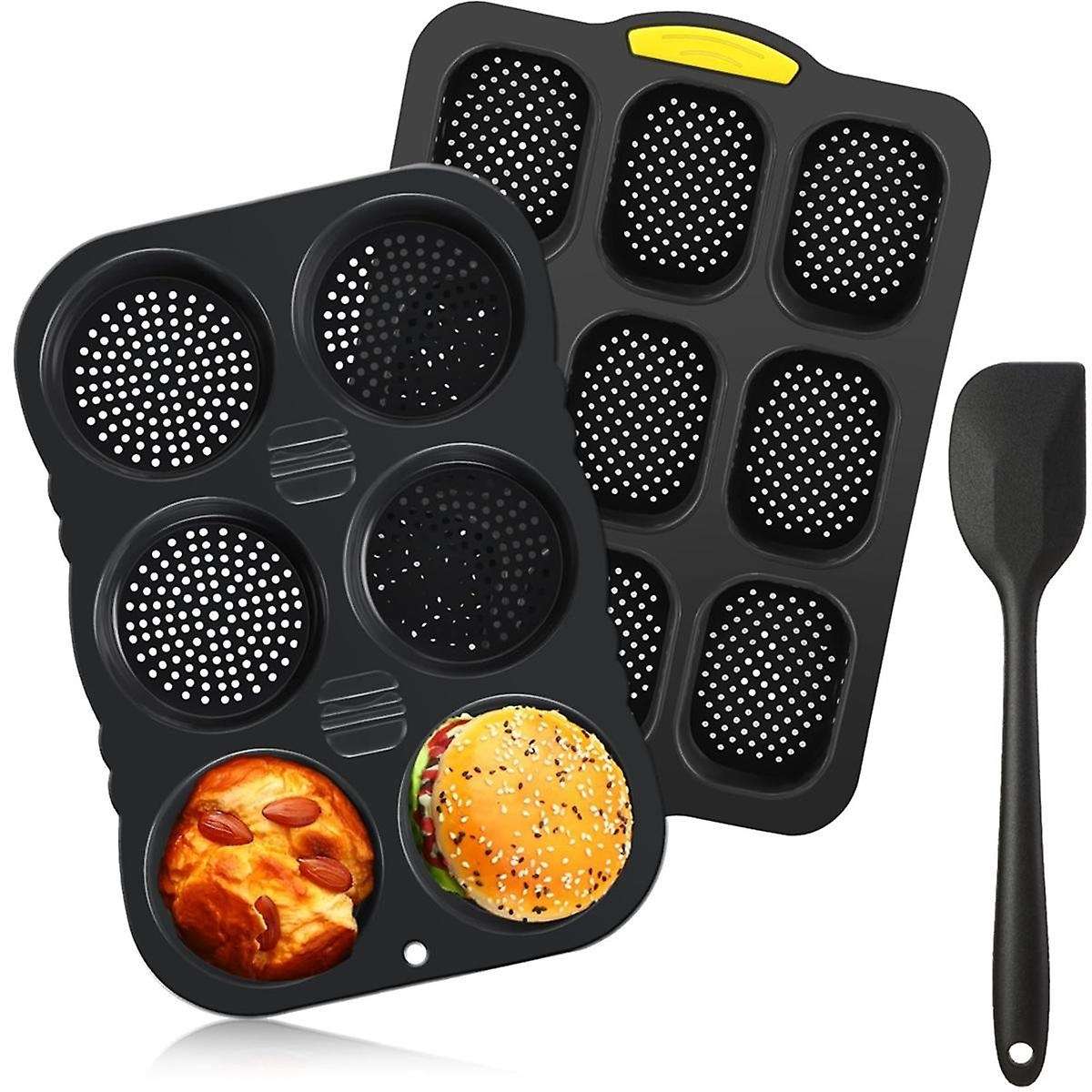 Silicone French Bread Pan and Hamburger Bun Pan Set with Spatula Nonstick 9 Cup Baking Tray 6 Cup Ha
