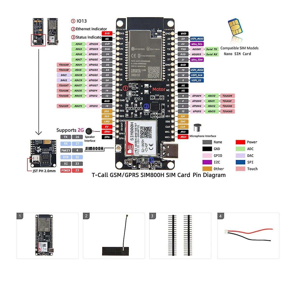 Sim800h Wireless Module -call&pmu Mcu32 Module with Gprs Antenna Sim800h-8mb-q390