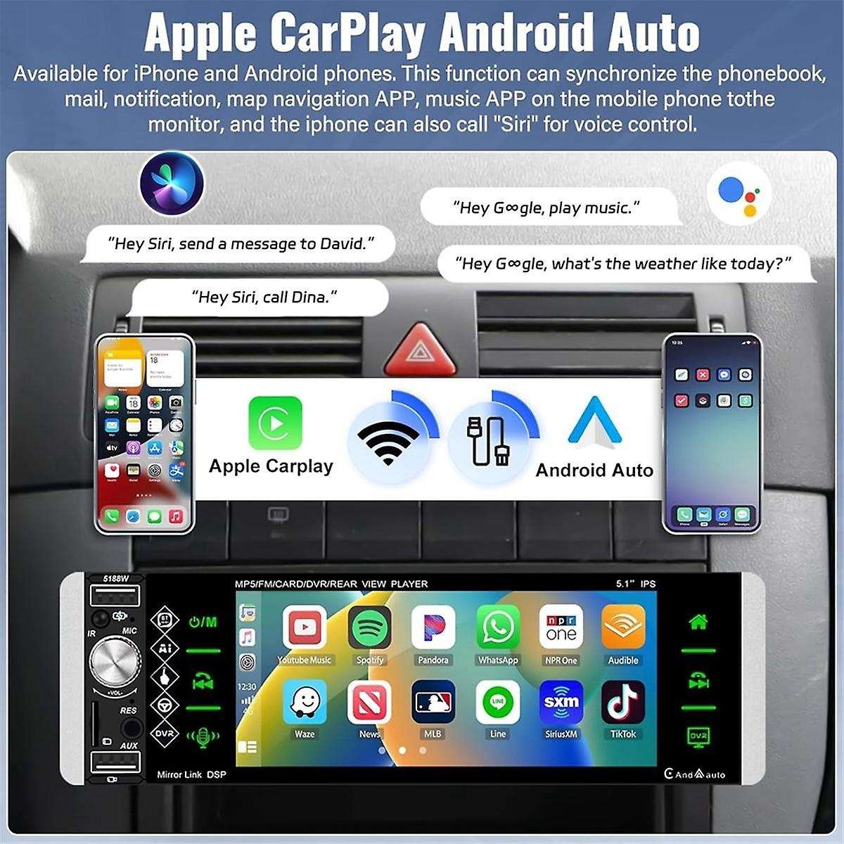 Single Din Touchscreen Car Stereo Wireless CarPlay Android Auto, 5.1 Inch Car Radio Bluetooth FM SWC