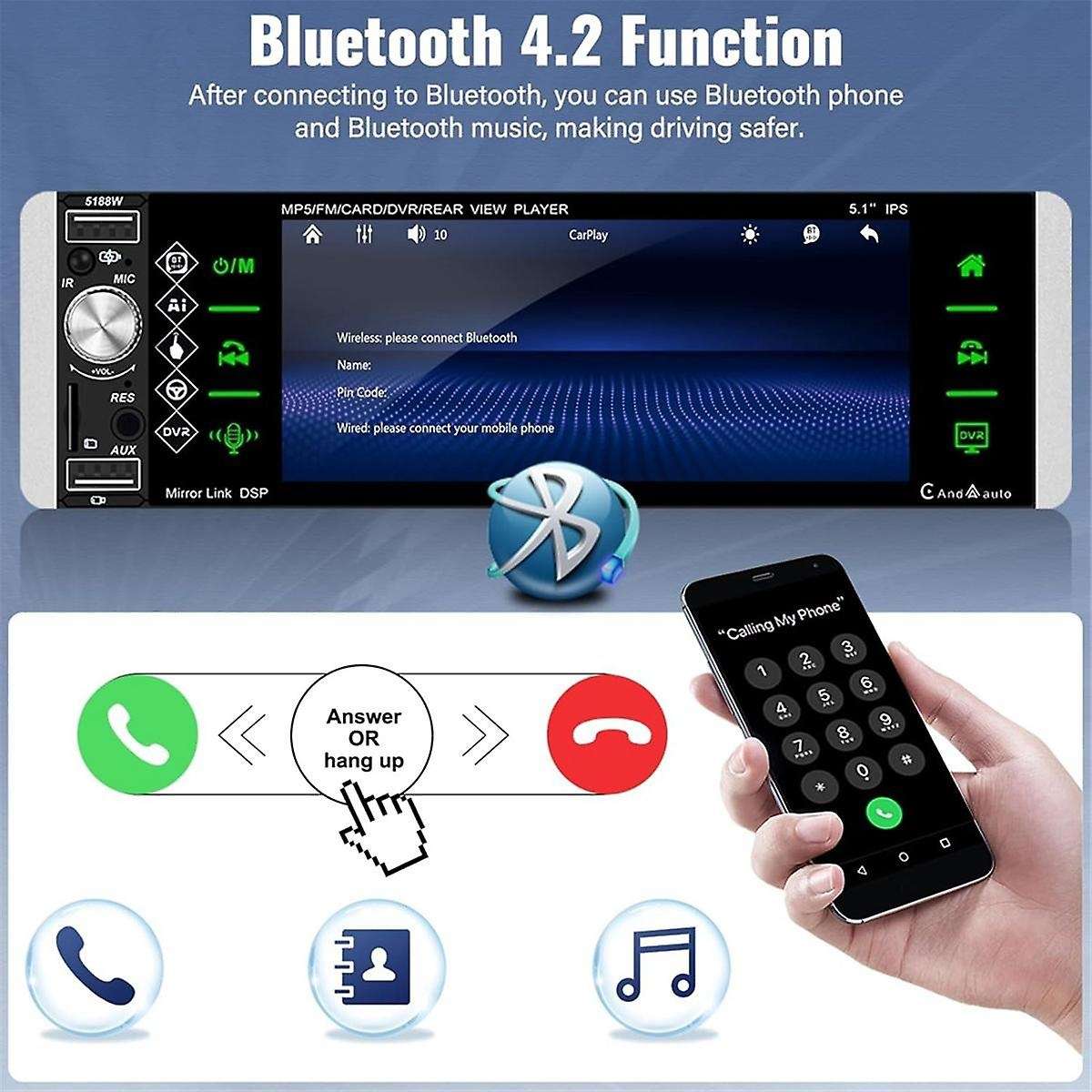 Single Din Touchscreen Car Stereo Wireless CarPlay Android Auto, 5.1 Inch Car Radio Bluetooth FM SWC