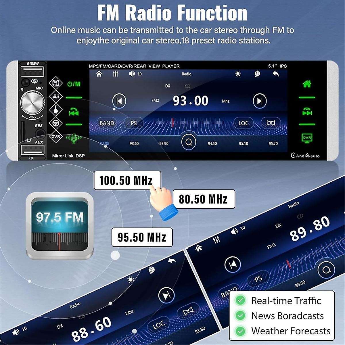 Single Din Touchscreen Car Stereo Wireless CarPlay Android Auto, 5.1 Inch Car Radio Bluetooth FM SWC