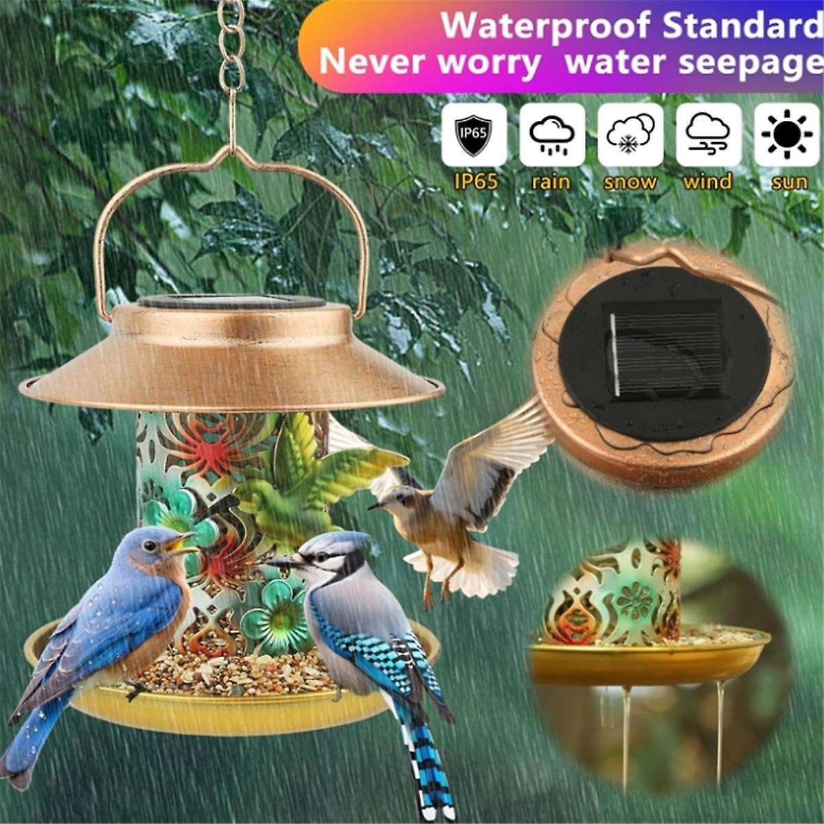 Solar Bird Feeder for Outdoors Hunging, Metal Waterproof Outside Wild Bird Feeders, Feeders, Garden