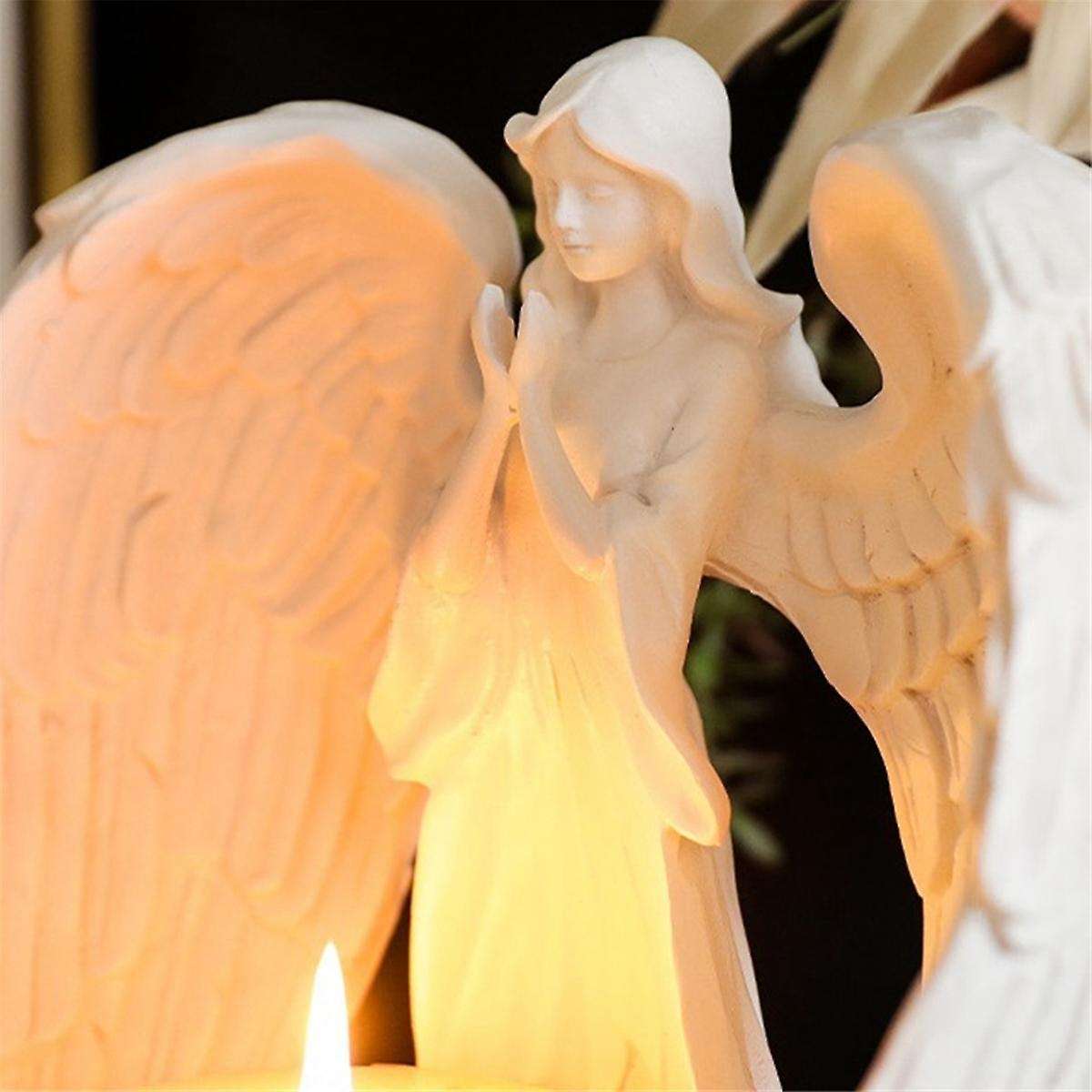 Starry White Angel Wing Praying Sandstone Statue Angel Figurine Prayer Home Decoration Memorial Led
