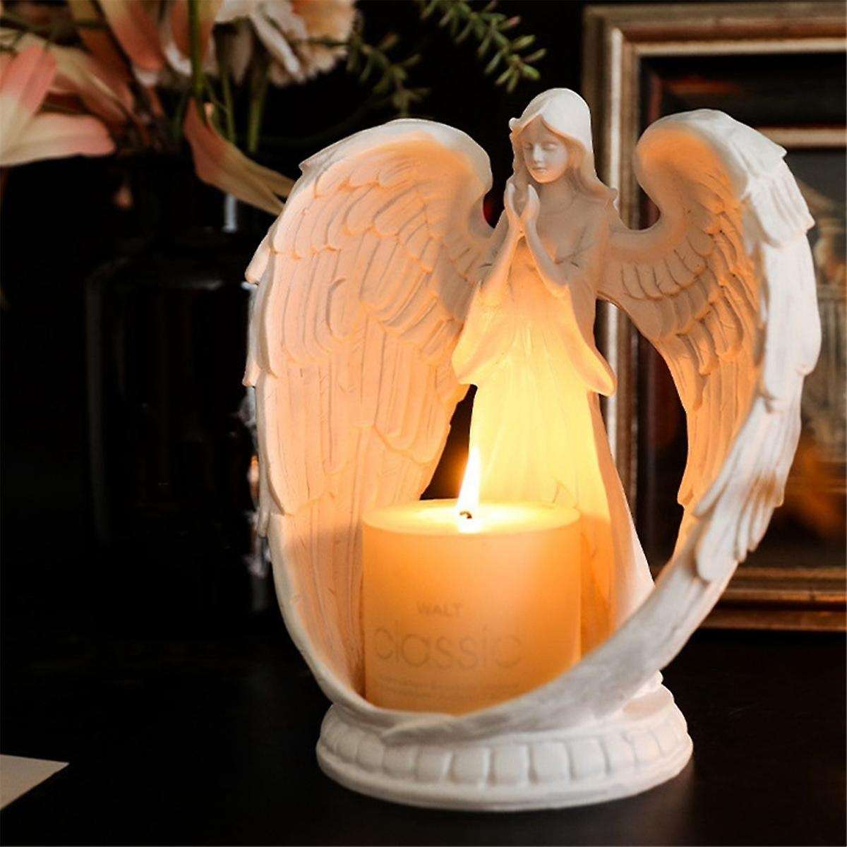 Starry White Angel Wing Praying Sandstone Statue Angel Figurine Prayer Home Decoration Memorial Led