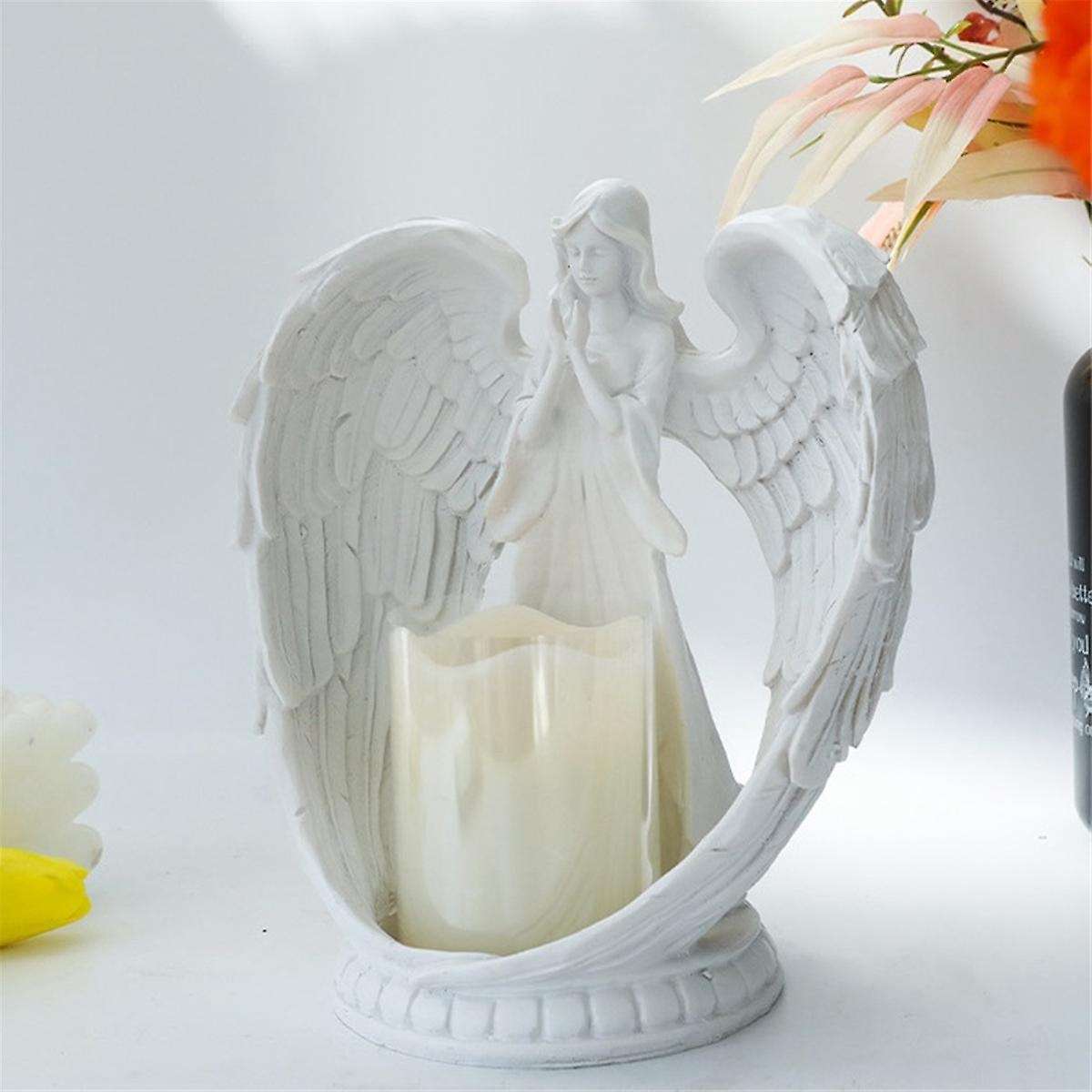 Starry White Angel Wing Praying Sandstone Statue Angel Figurine Prayer Home Decoration Memorial Led