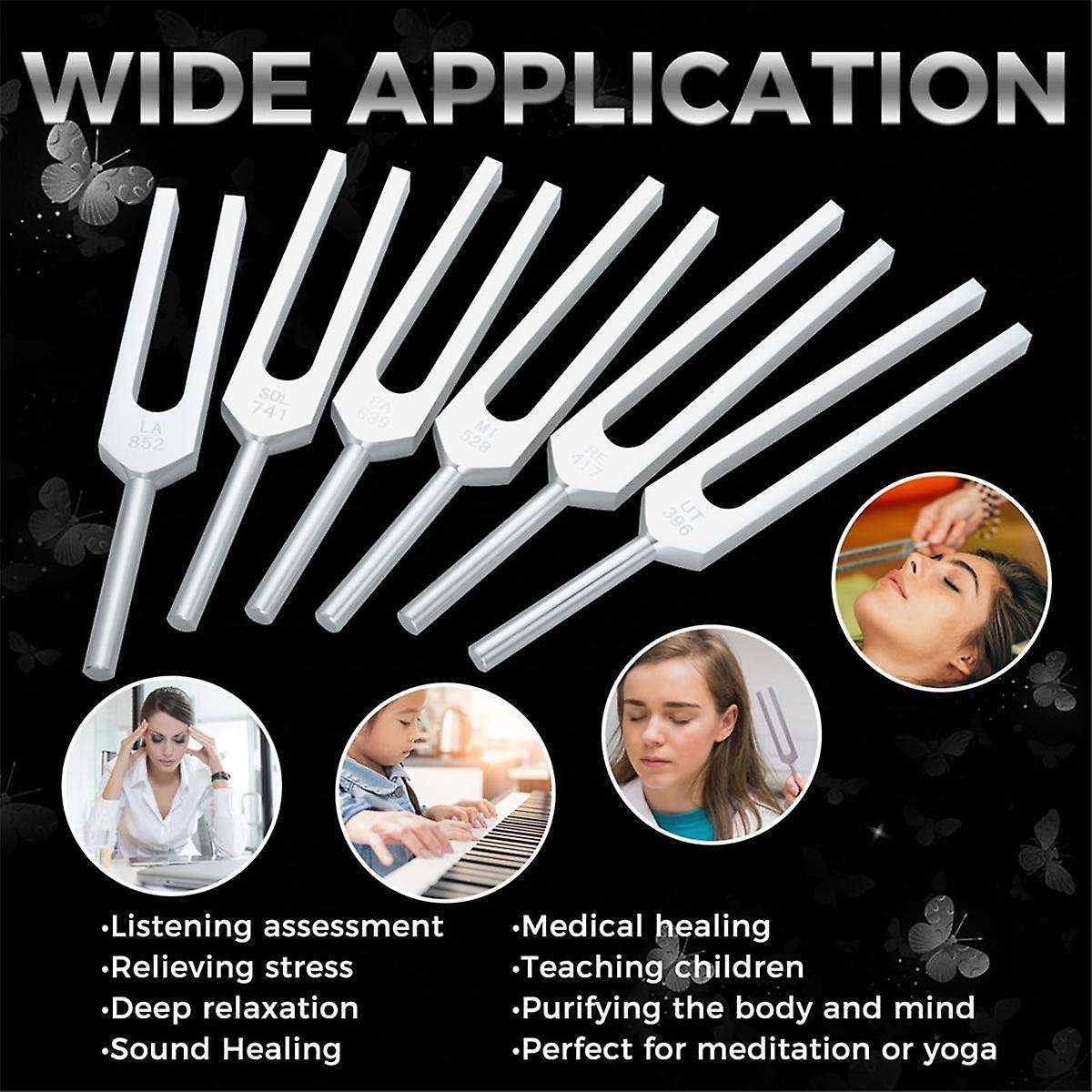 Tuning Fork Set of 6 (UT 396Hz, RE 417Hz, MI 528Hz, SOL 639HZ, FA741HZ, LA 852HZ) with Wooden Hamme