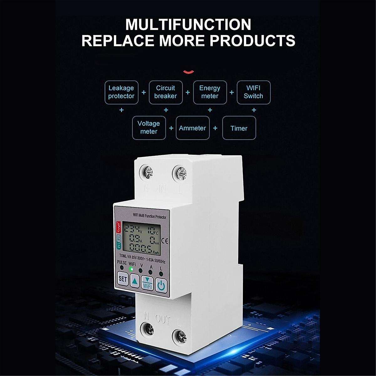 Tuya 63A 110V 220V WiFi Energy Meter Kwh Metering Switch Timing Function with Voltage Current and Le
