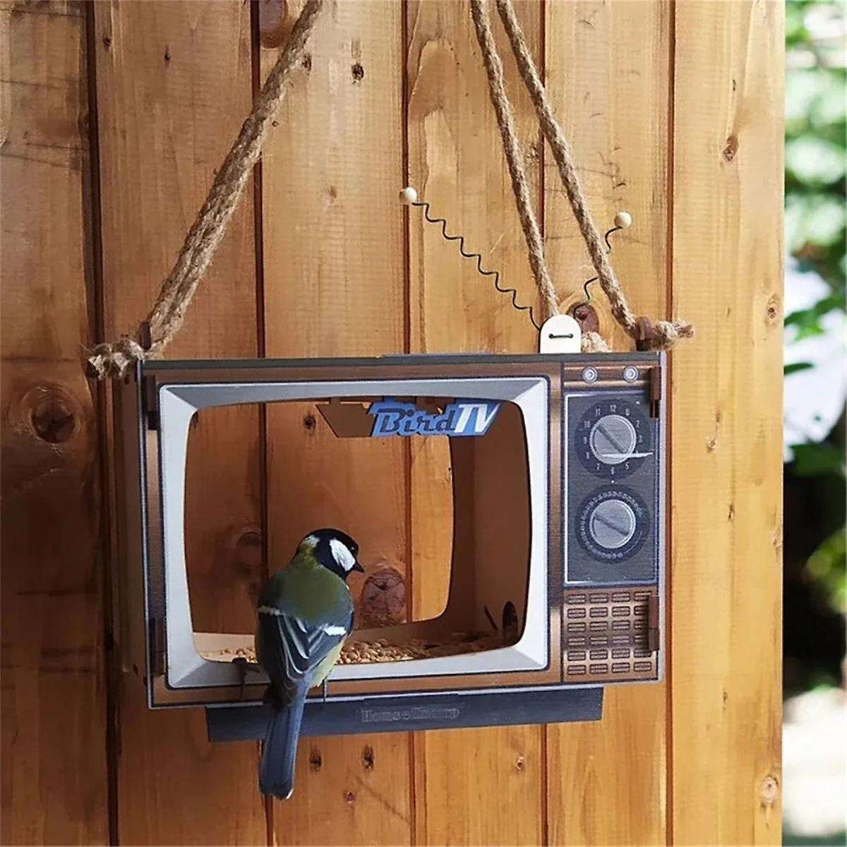 Unique TV Shaped Bird Feeder Wooden Large Capacity Handmade Wild Birds Feeder Weatherproof Bird Feed