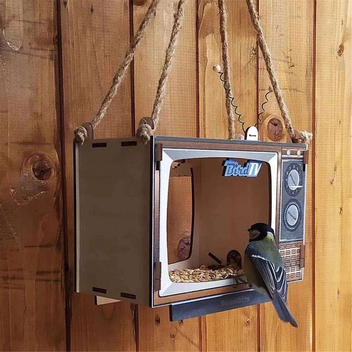 Unique TV Shaped Bird Feeder Wooden Large Capacity Handmade Wild Birds Feeder Weatherproof Bird Feed