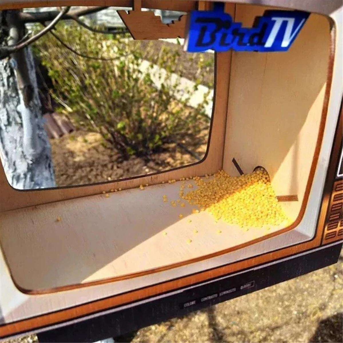 Unique TV Shaped Bird Feeder Wooden Large Capacity Handmade Wild Birds Feeder Weatherproof Bird Feed