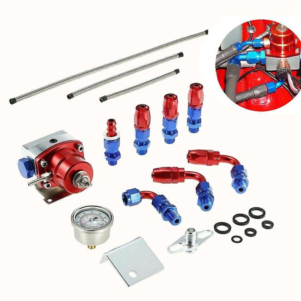 Universal Adjustable Fuel Pressure Regulator Kit with Oil Gauge 0-100 Psi-6AN Fitting End Red-Blue A