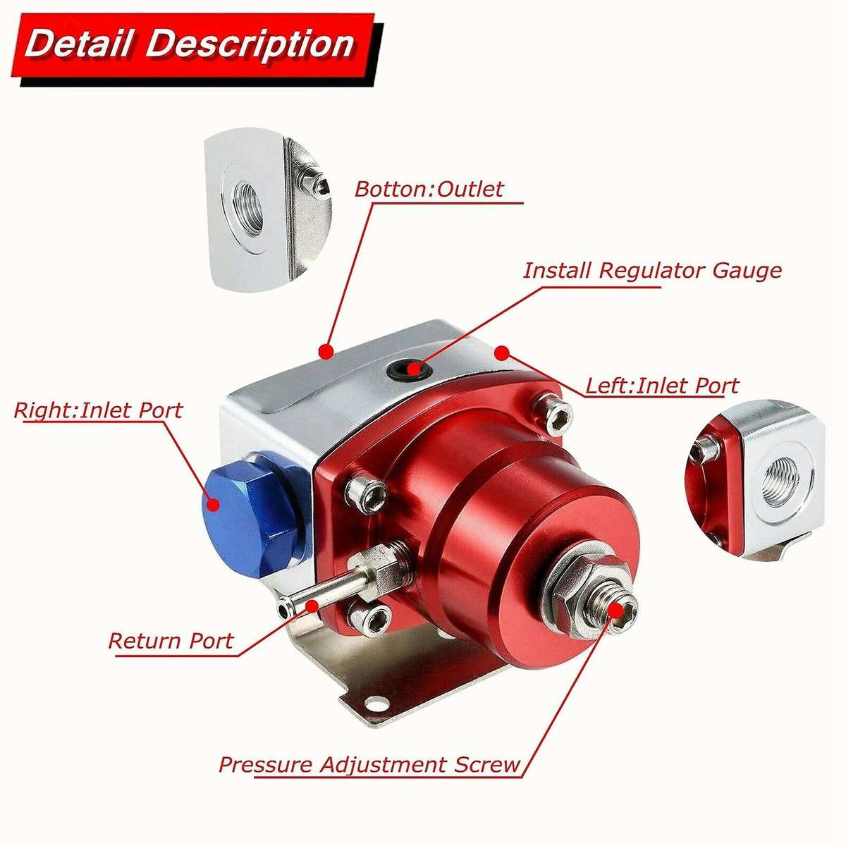 Universal Adjustable Fuel Pressure Regulator Kit with Oil Gauge 0-100 Psi-6AN Fitting End Red-Blue A