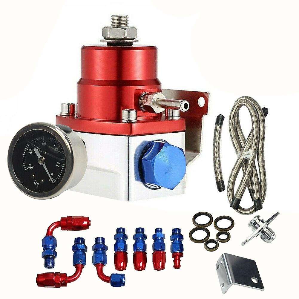 Universal Adjustable Fuel Pressure Regulator Kit with Oil Gauge 0-100 Psi-6AN Fitting End Red-Blue A
